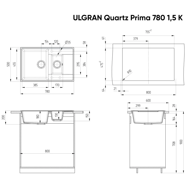 Кухонная мойка Ulgran мокрый асфальт Prima 780 1,5 K-09