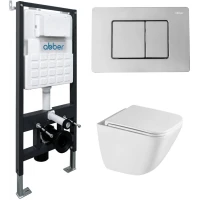 Комплект инсталляция с унитазом Abber AC1220TC-AC0105-AC0120 с кнопкой смыва, хром + унитаз подвесной Abber Rechteck безободковый, торнадо, с сиденьем микролифт, белый