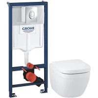 Комплект инсталляция с унитазом Grohe Rapid SL 38721001 с кнопкой смыва, хром + унитаз подвесной Grohe Euro Ceramic 39328000 + 39330001 безободковый, торнадо, с сиденьем микролифт, альпийский белый