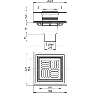 Изображение товара сливной трап 150×150/50/75 решетка из нержавеющей стали alcaplast apv4444