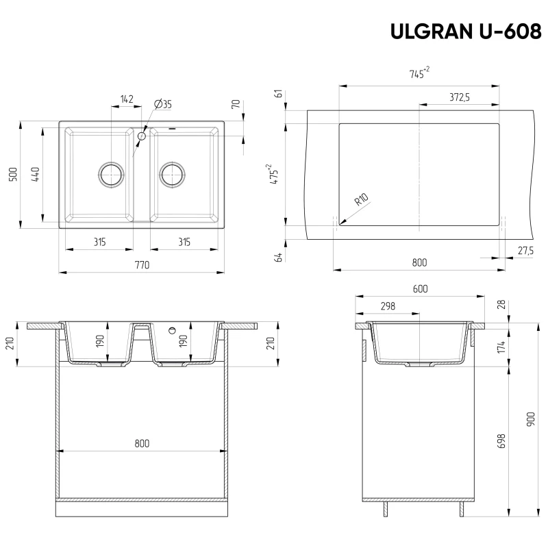 Кухонная мойка Ulgran темно-серый U-608-309