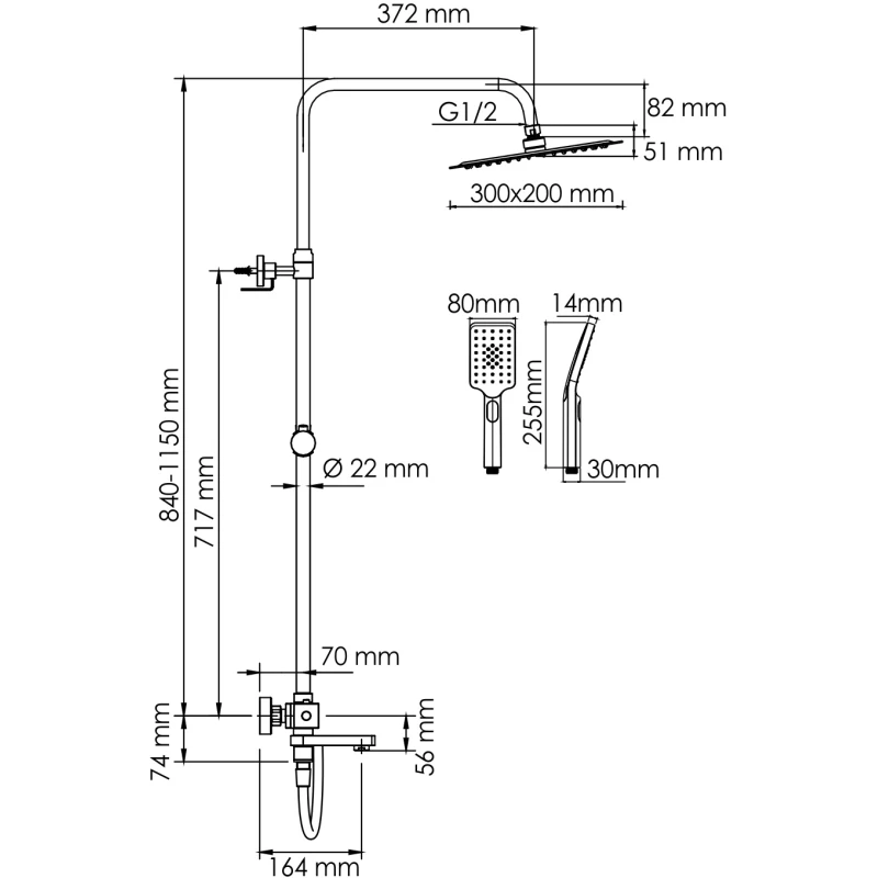 Душевая система 300x200 мм WasserKRAFT A199.069.126.087.CH Thermo