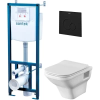 Комплект инсталляция с унитазом Santek 1WH501778 с кнопкой смыва, черный матовый + унитаз подвесной Santek Лайн безободковый, с сиденьем микролифт, белый