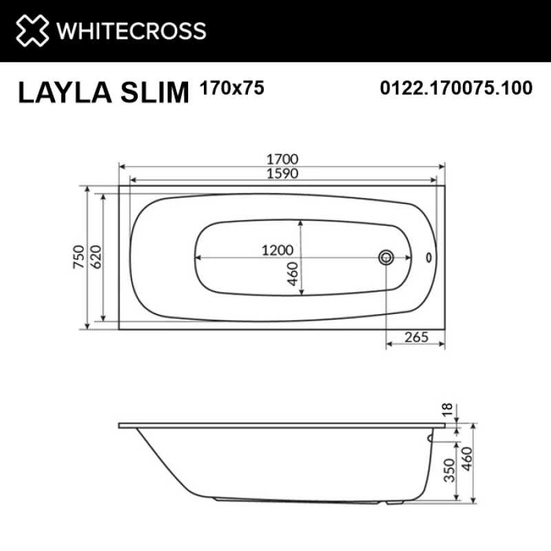 Акриловая ванна 170x75 см Whitecross Layla Slim 0122.170075.100