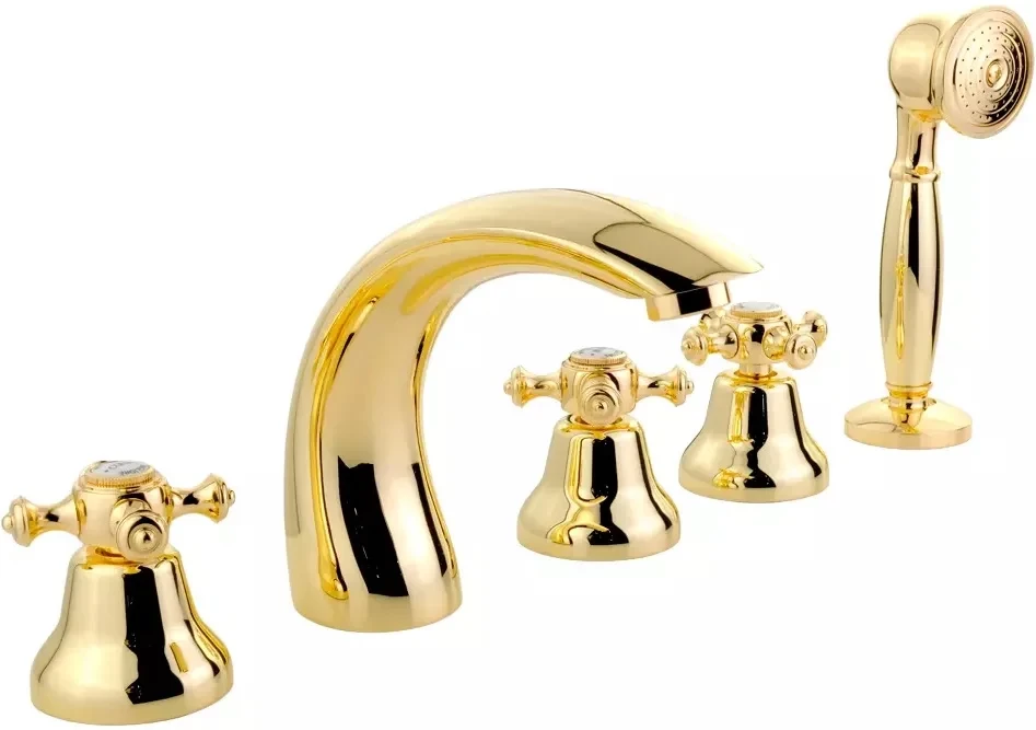 Смеситель на борт ванны Migliore Prestige 31610 с душевым гарнитуром, золотой смеситель для ванны migliore bomond 30649