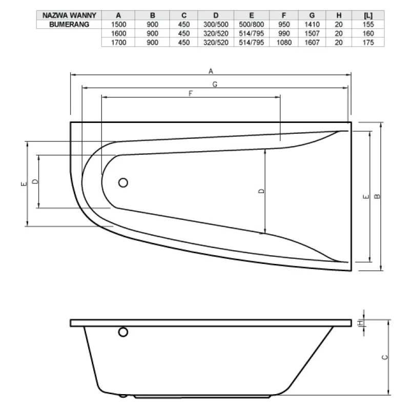 Акриловая ванна 160x90 см левая Vayer Boomerang GL000010848