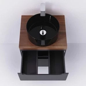 Изображение товара комплект мебели серый матовый 60 см со столешницей бук темный, раковина черный глянец jorno wood wood.01.60/p/gr + wood.06.60/dw + 0025403 + wood.02.50/tk