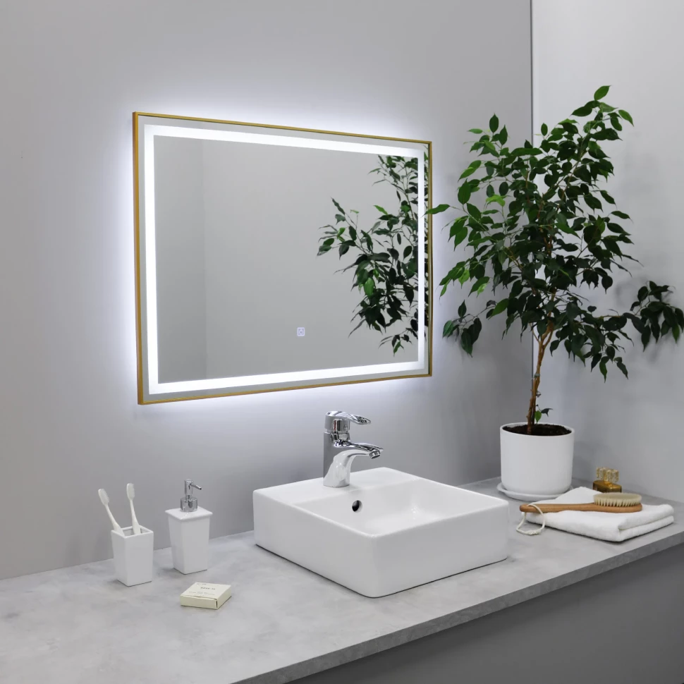 Зеркало Fixsen FX-2080G 80x60 см, с LED-подсветкой, сенсорным выключателем, диммером, золотой матовый зеркало 80x60 см art