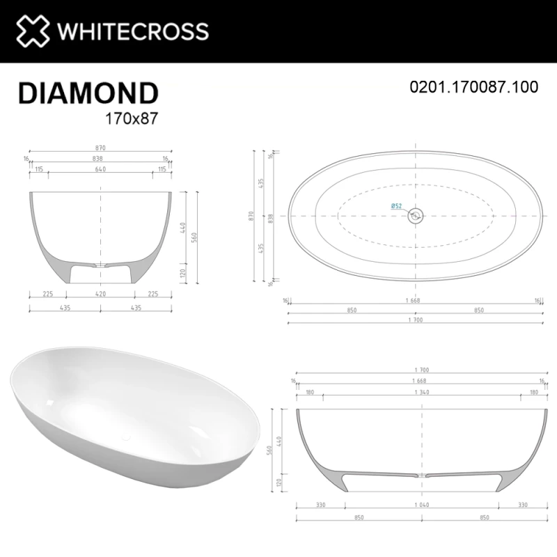 Ванна из литьевого мрамора 170x87 см Whitecross Diamond 0201.170087.100