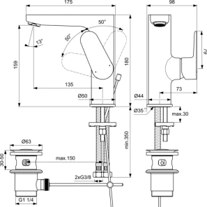 Изображение товара смеситель для раковины с донным клапаном ideal standard cerafine o bc703u4
