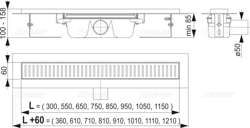Душевой канал 1144 мм нержавеющая сталь AlcaPlast APZ1 Line APZ1-1150 + LINE-1150M