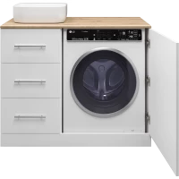 Тумба под раковину Misty Респект Э-Рес01110-13ЯЛ 110 см L, напольная, со столешницей, над стиральной машиной, белый глянец/светлое дерево