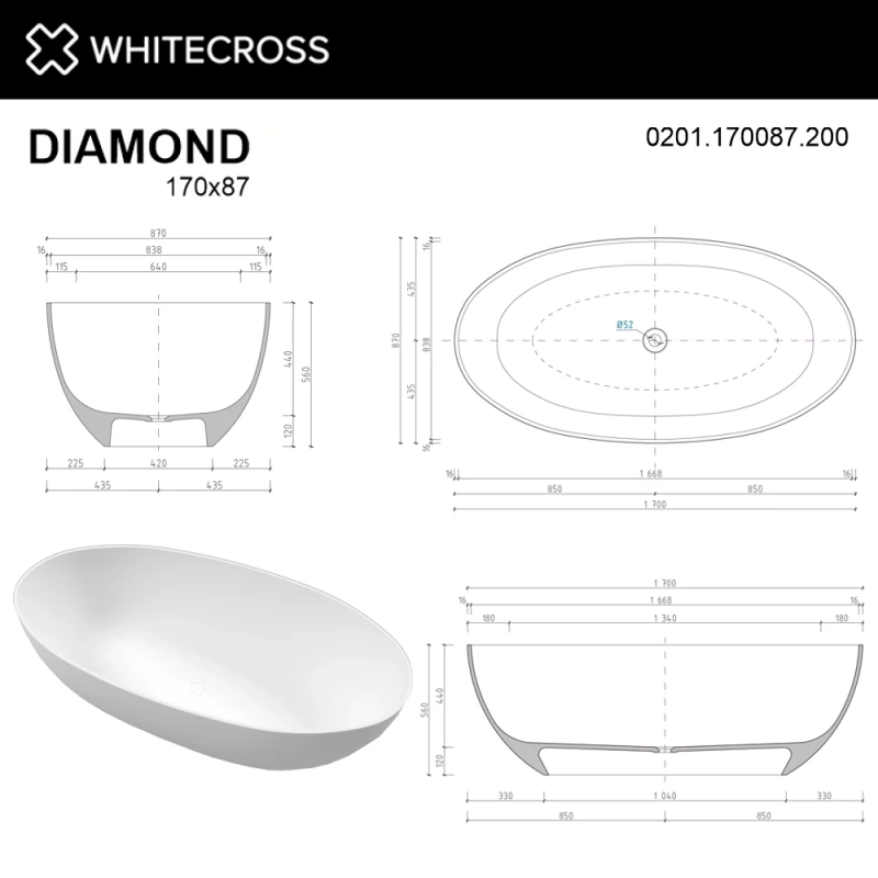 Ванна из литьевого мрамора 170x87 см Whitecross Diamond 0201.170087.200
