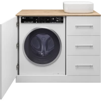 Тумба под раковину Misty Респект Э-Рес01110-13ЯП 110 см R, напольная, со столешницей, над стиральной машиной, белый глянец/светлое дерево