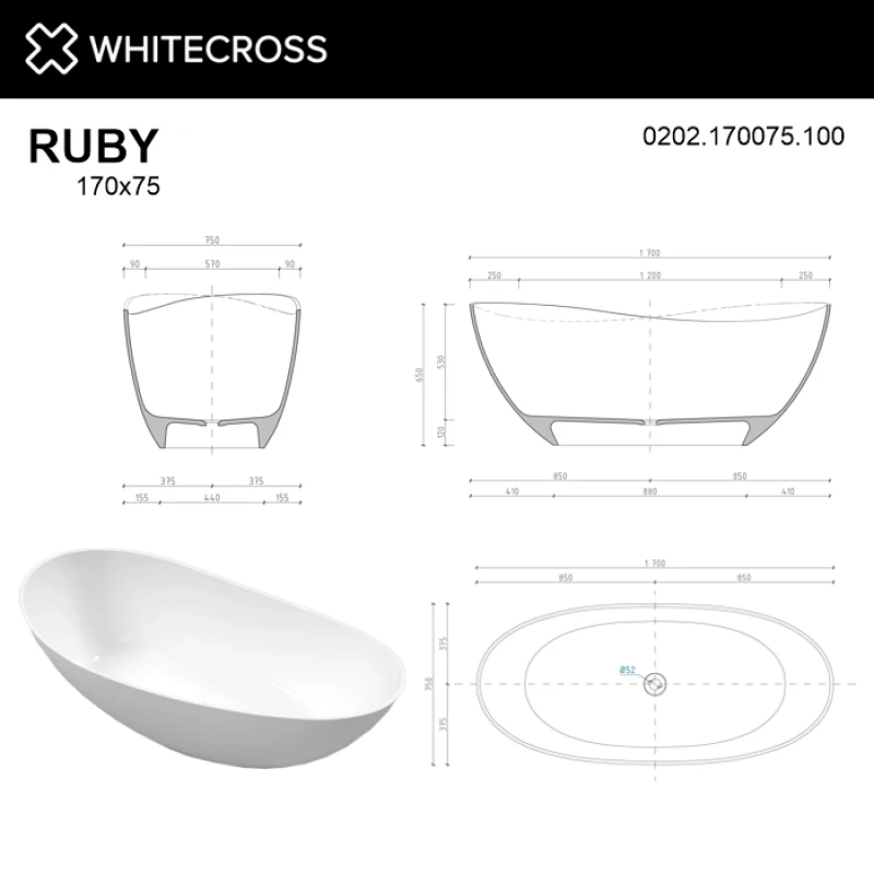 Ванна из литьевого мрамора 170x75 см Whitecross Ruby 0202.170075.100