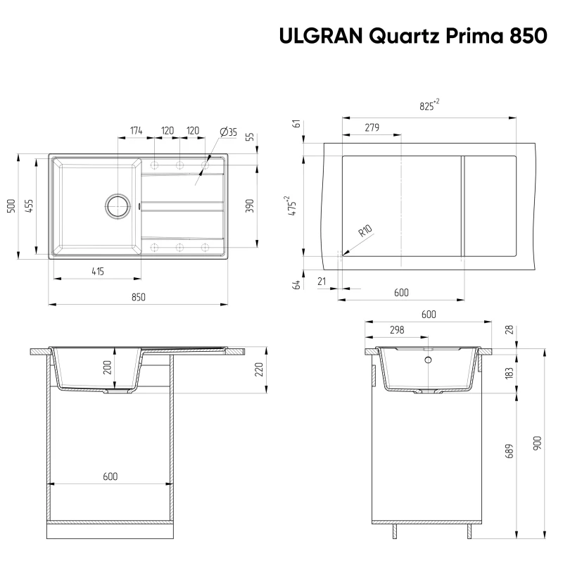 Кухонная мойка Ulgran мокрый асфальт Prima 850-09