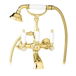 Изображение товара смеситель для ванны с ручным душем золото 24 карат, ручки белые cezares first first-vd-03/24-bi