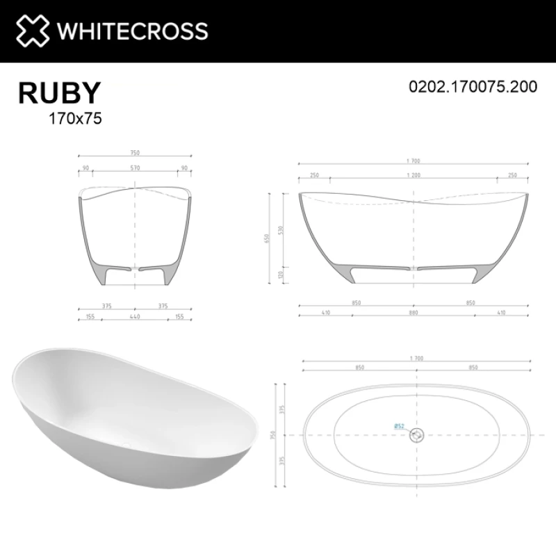 Ванна из литьевого мрамора 170x75 см Whitecross Ruby 0202.170075.200