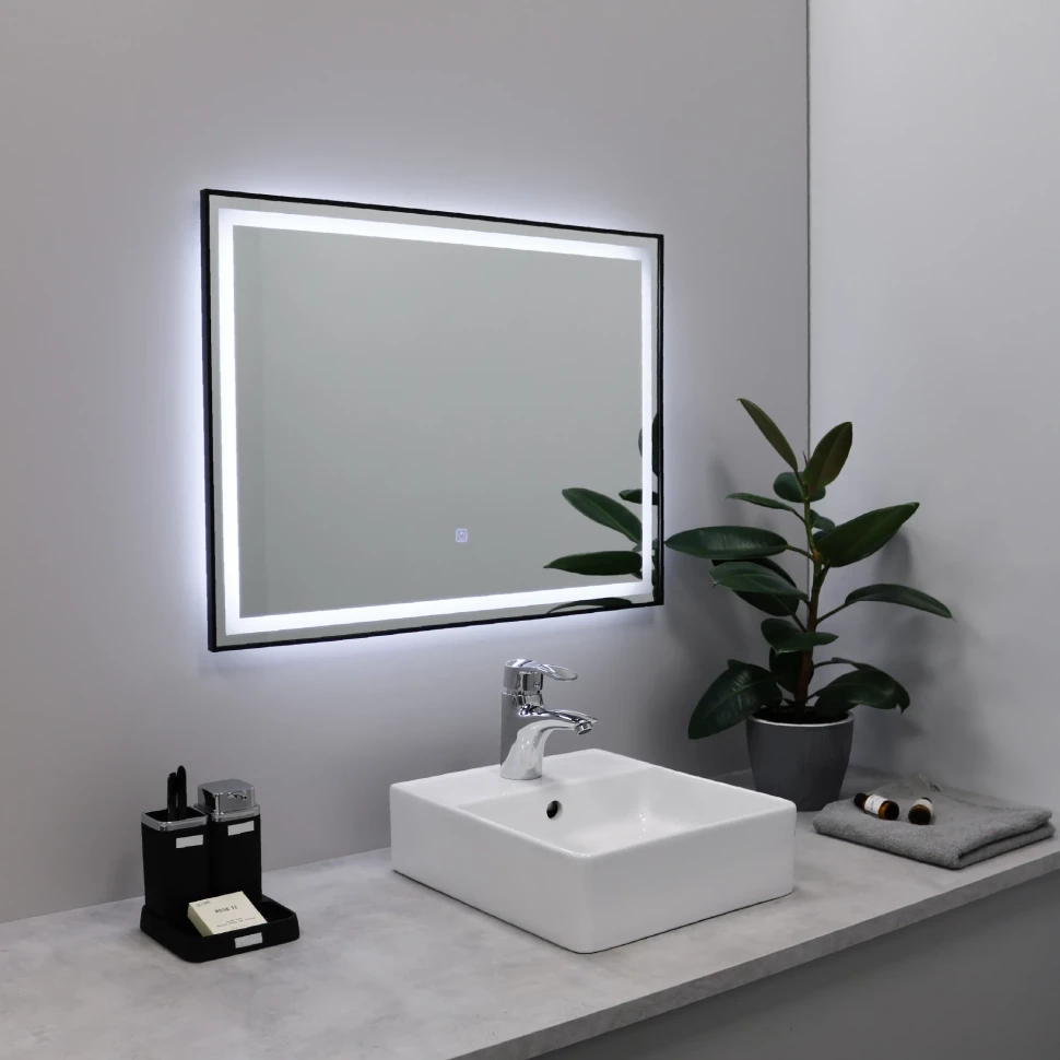 Зеркало Fixsen FX-2100B 100x80 см, с LED-подсветкой, сенсорным выключателем, диммером, черный матовый зеркало 100x80 см am pm func m8fmox1003sa
