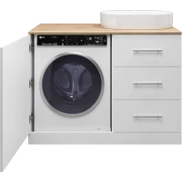 Тумба под раковину Misty Респект Э-Рес01120-13ЯП 120 см R, напольная, со столешницей, над стиральной машиной, белый глянец/светлое дерево