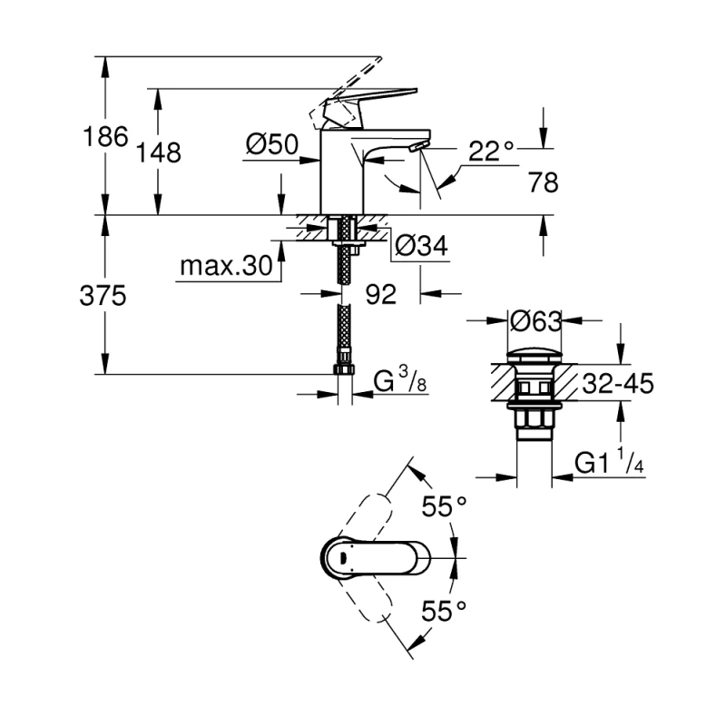 Смеситель для раковины с донным клапаном Grohe Eurosmart Cosmopolitan 23925000