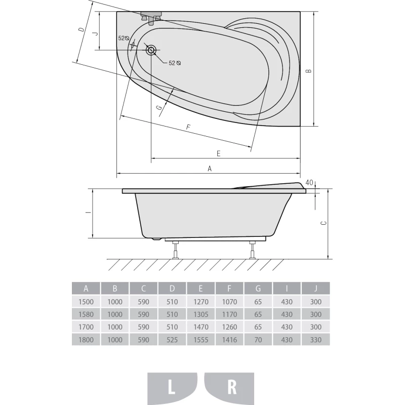 Акриловая ванна 158x100 см L Alpen Naos 11011