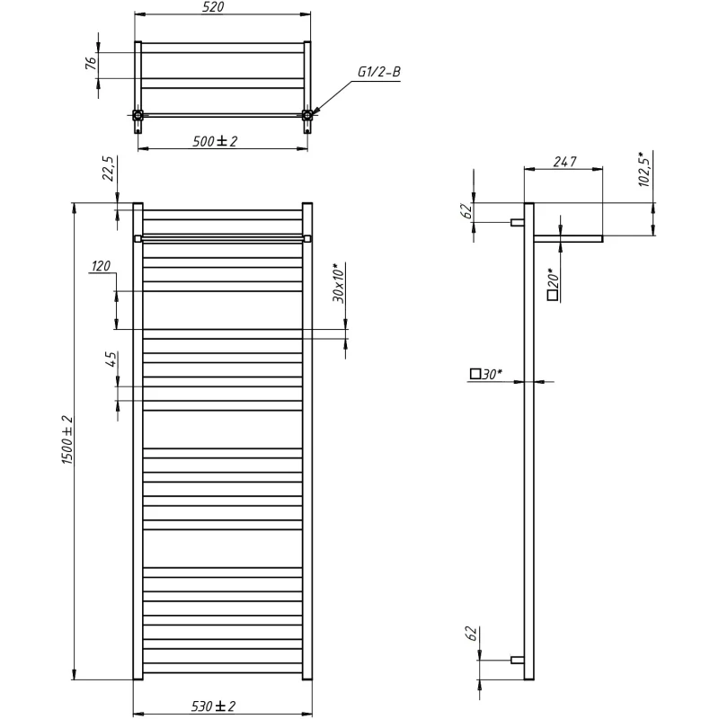 Полотенцесушитель водяной Grota Comfort 4650186715722 1500x530, черный матовый Полотенцесушитель водяной Grota Comfort 4650186715722 1500x530, черный матовый