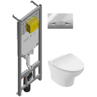 Комплект инсталляция с унитазом Jacob Delafon E21822-CP с кнопкой смыва, хром + унитаз подвесной Jacob Delafon Nouvelle Vague EDK102-00 + E22124-00 безободковый, с сиденьем микролифт, белый