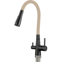 Смеситель для кухни Fmark FS1062-H12-3 с подключением к фильтру, гибким изливом, черный матовый/бежевый