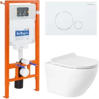 Комплект инсталляция с унитазом BelBagno Sfera BB046CHR/BB2111SC/BB002-80/BB014-SR-BIANCO с кнопкой смыва, белый + унитаз подвесной BelBagno Sfera-R безободковый, с сиденьем микролифт, белый