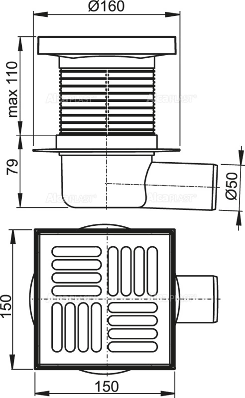 Сливной трап 150×150/50 решетка из нержавеющей стали AlcaPlast APV5411