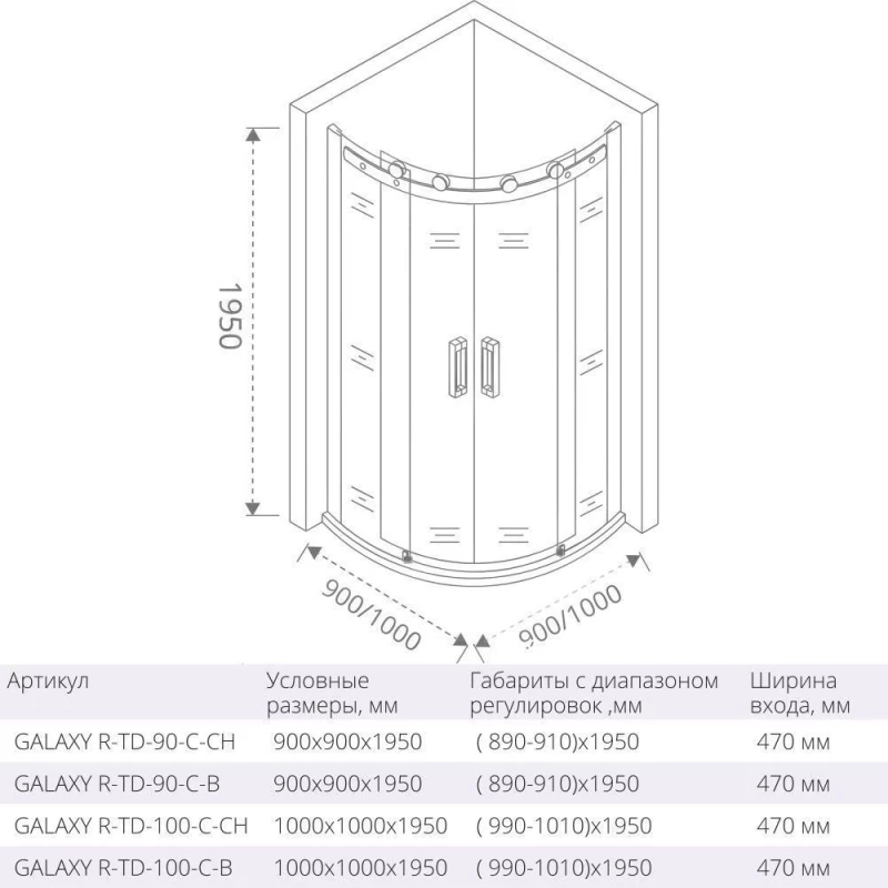Душевой уголок 100x100 см Good Door Galaxy R-TD-100-C-B прозрачное