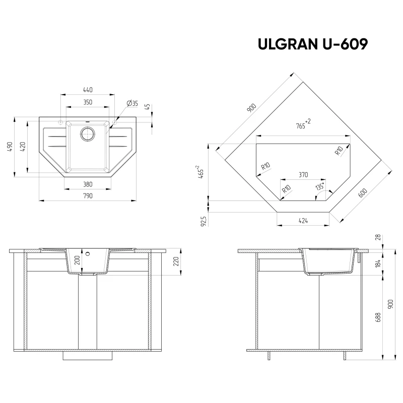 Кухонная мойка Ulgran черный U-609-308