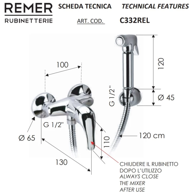 Гигиенический душ Remer Serie 35 C332REL со смесителем, хром