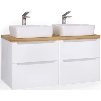 Тумба с раковиной белый глянец 119,6 см со столешницей бук светлый Jorno Wood Wood.01.60/P/W + Wood.01.60/P/W + Wood.06.120/LW + 0085176 + 0085176