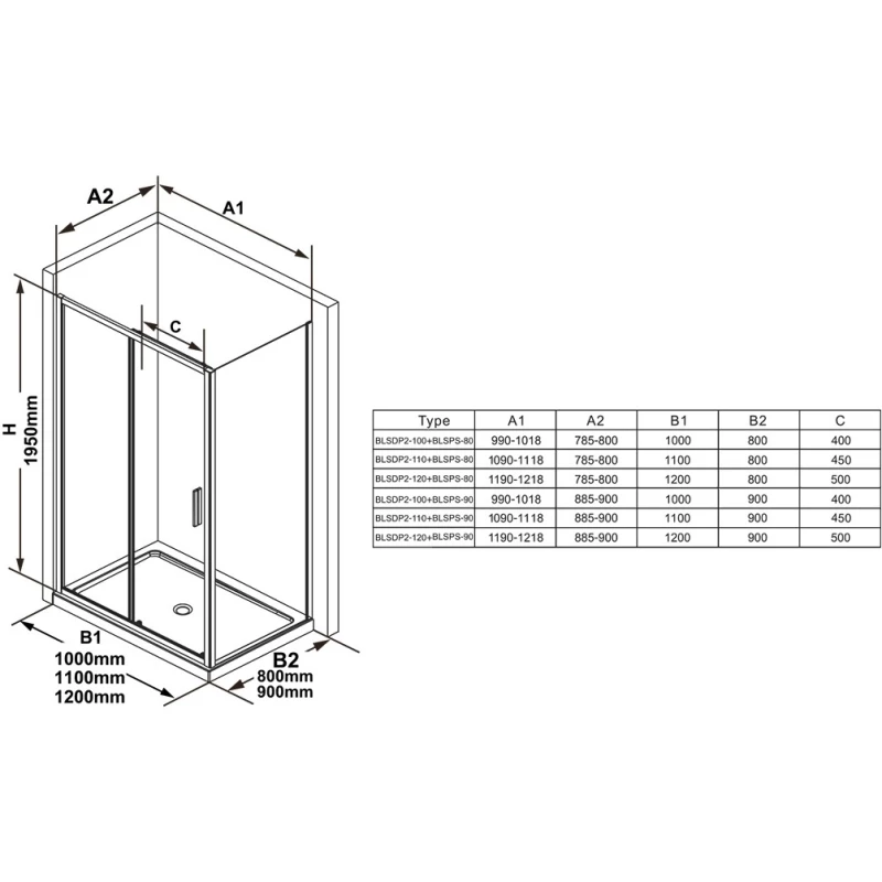 Душевой уголок 120x90 см Ravak Blix Slim BLSDP2 + BLSPS X0PMG0C00Z1 + X9BM70C00Z1 прозрачное