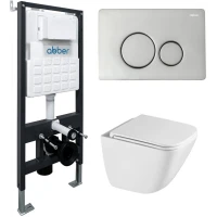 Комплект инсталляция с унитазом Abber AC1220TC-AC0105-AC0121 с кнопкой смыва, хром + унитаз подвесной Abber Rechteck безободковый, торнадо, с сиденьем микролифт, белый
