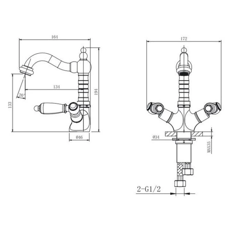 Смеситель для раковины с донным клапаном Caprigo Adria Classic Metal Edition 03M-526-crm 