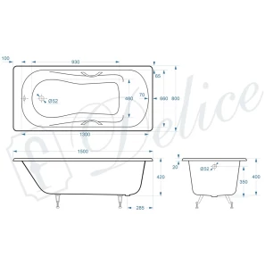 Изображение товара ванна чугунная delice haiti luxe dlr230636r 150x80 см, с отверстиями под ручки, белый