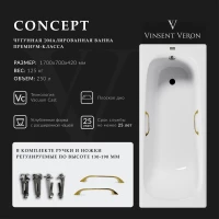 Ванна чугунная Vinsent Veron Concept VCO1707042H/VH0012GD 170x70 см, с ручками, белый
