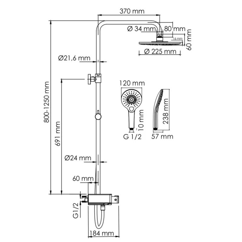 Душевая система 225 мм WasserKRAFT Aller A113.067.101.CH Thermo