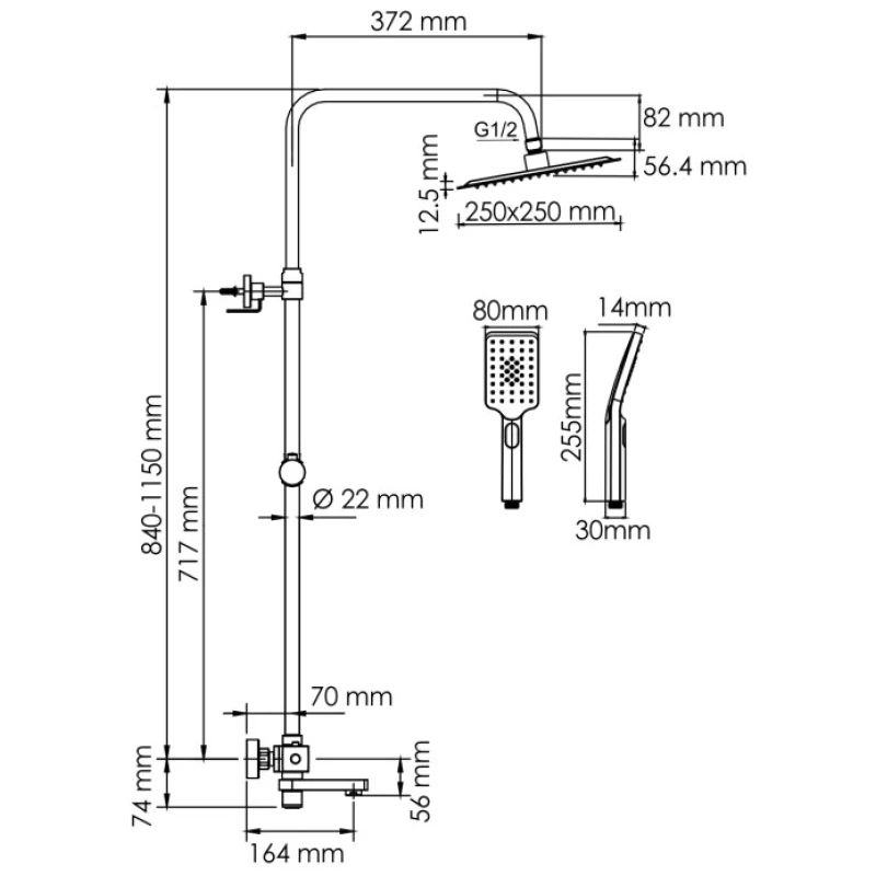 Душевая система 250 мм WasserKRAFT Aisch A199.198.201.BG Thermo