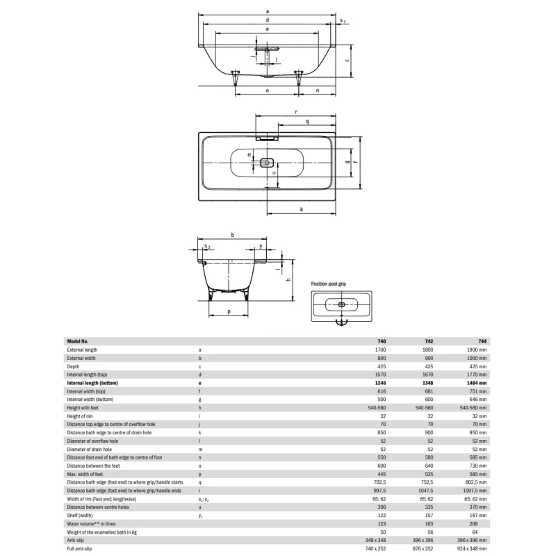 Стальная ванна 170x80 см Kaldewei Asymmetric Duo 740 с покрытием Anti-Slip и Easy-Clean