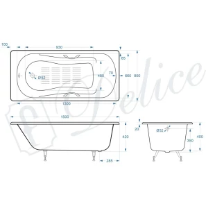 Изображение товара ванна чугунная delice haiti luxe dlr230636r-as 150x80 см, с отверстиями под ручки, антискользящим покрытием, белый