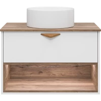 Тумба под раковину Brevita Bergen BER-07080-19-01-1Я 80,4 см, подвесная, со столешницей, подсветкой, белый матовый/дуб галифакс