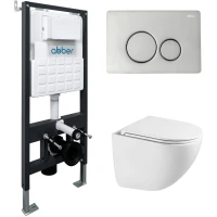 Комплект инсталляция с унитазом Abber AC1131TC-AC0105-AC0121 с кнопкой смыва, хром + унитаз подвесной Abber Bequem безободковый, торнадо, с сиденьем микролифт, белый