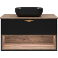 Тумба под раковину Brevita Bergen BER-07090-19-02-1Я 90,4 см, подвесная, со столешницей, подсветкой, черный матовый/дуб галифакс
