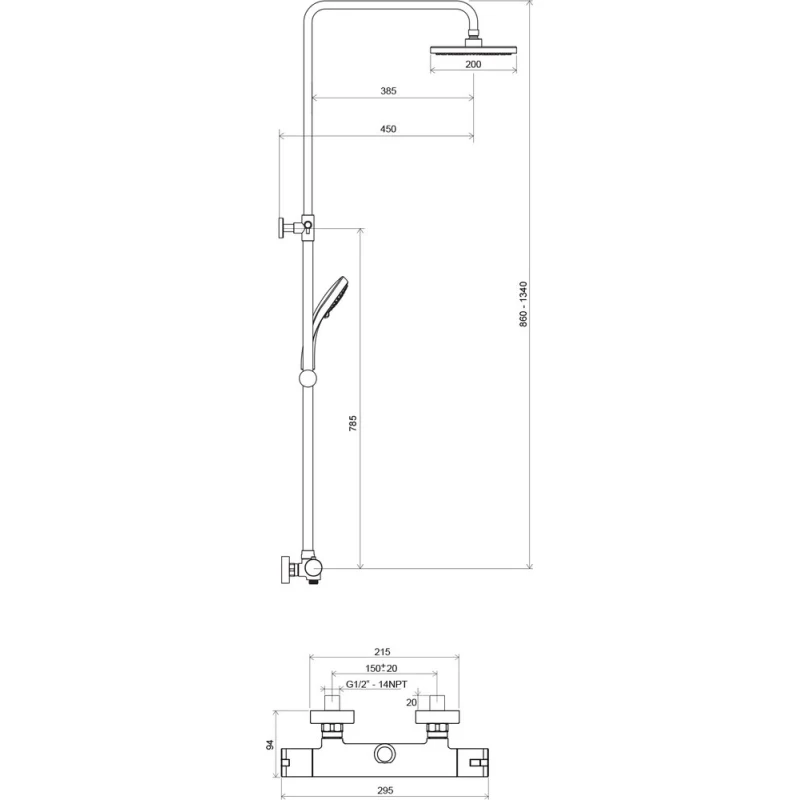 Душевая стойка с термостатическим смесителем и ручным душем Termo 100 TE 091.00/150