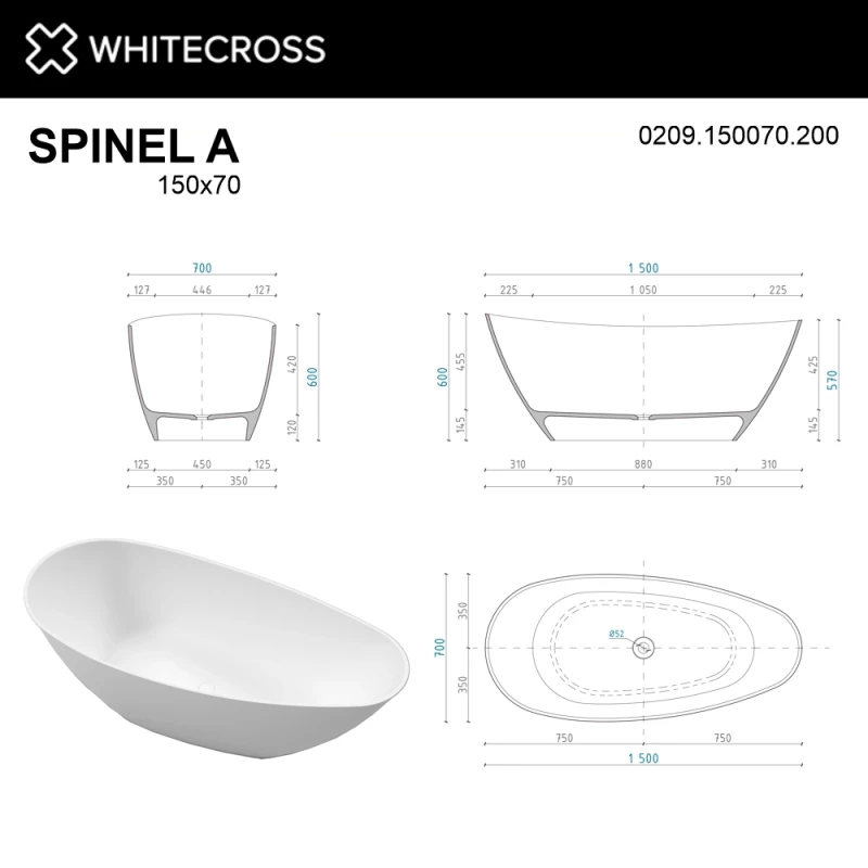 Ванна из литьевого мрамора 150x70 см Whitecross Spinel A 0209.150070.200