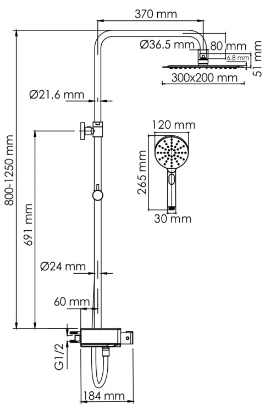 Душевая система 300х200 мм WasserKRAFT Aller A113.069.127.CH Thermo - фото 3